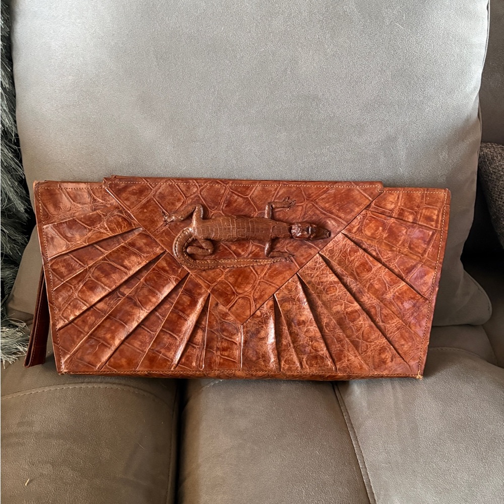 Vintage Brown Croc-Embossed Leather Clutch